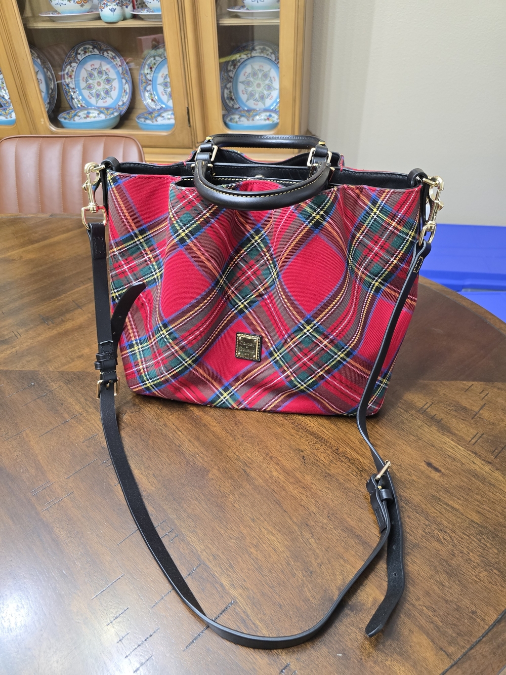 Dooney & Bourke Red Plaid Tote Bag with Black Trim - Picture 2 of 12